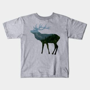 deer, antlers, stag, mountains, forest, trees Kids T-Shirt